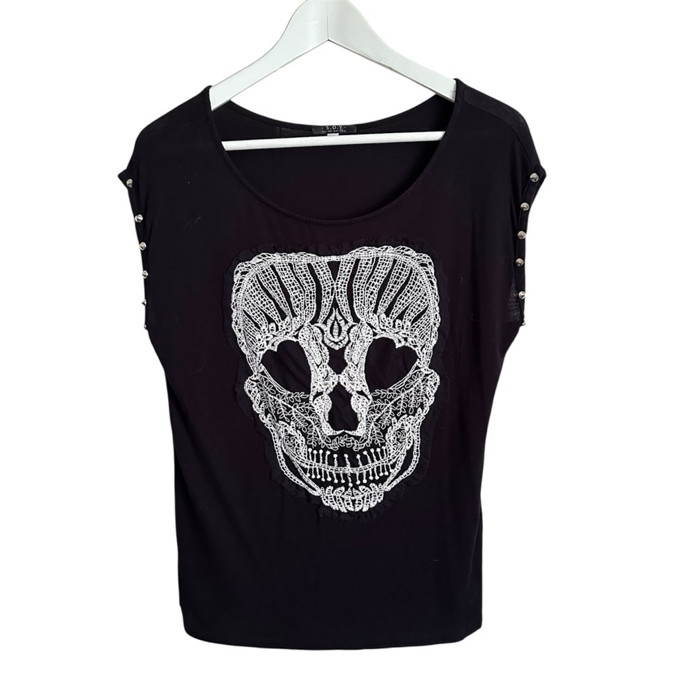S.O.Y. Embroidered Lace Skull Top Studded Goth Whimsigoth Small